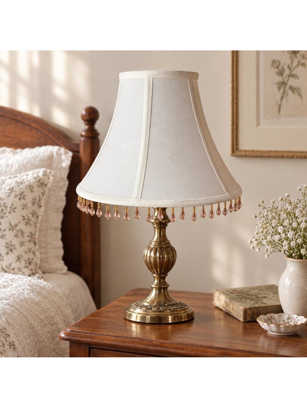 Vintage Ivory Bell Lamp Shade Pink Beaded Fringe Cottage Victorian Decor